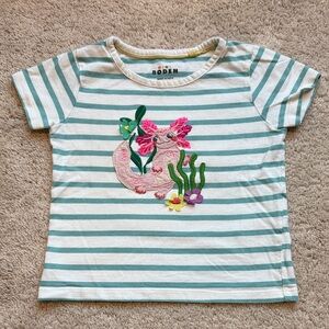 Boden Kids Green and White Striped Tee with Axolotl Design
